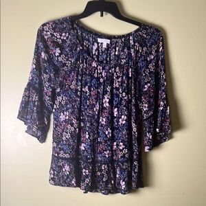 Fever Pink dark blue and White Ruffled Blouse with 3/4 Sleeves